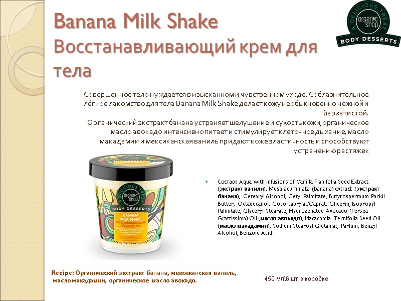 Banana Milk Shake Восстанавливающий крем для тела Состав: Aqua with infusions of  Vanilla